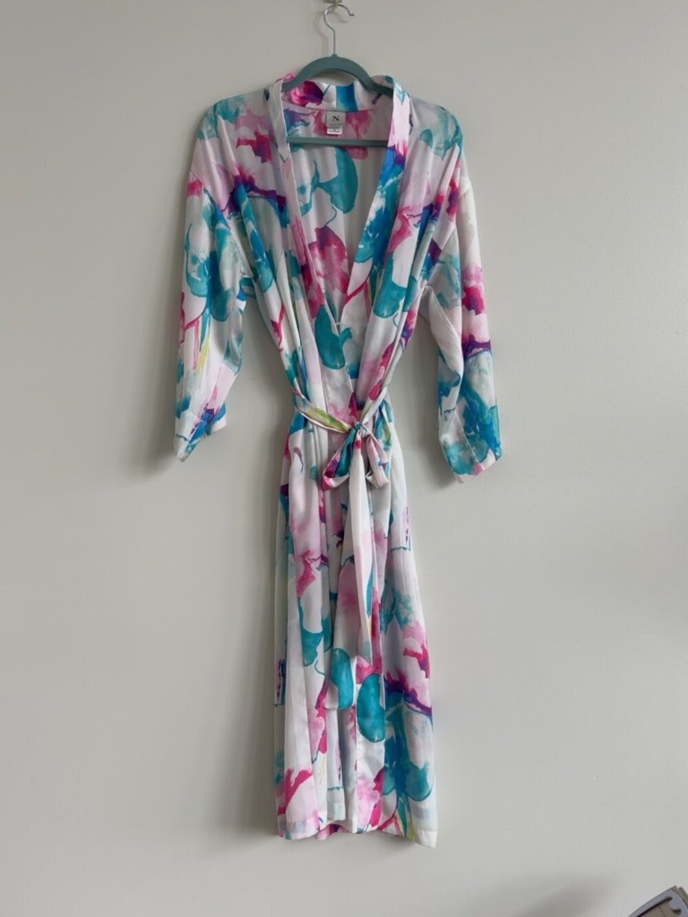 Natori Soleli Watercolor Floral Satin Long Robe Belted Pockets M